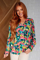Jodifl Floral Vantage Point V-Neck Long Sleeve Blouse 3XL Tops