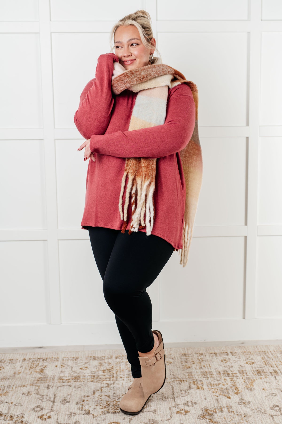 Wanderlust Wrap Oversized Plaid Fringe Scarf in Light Brown Accessories
