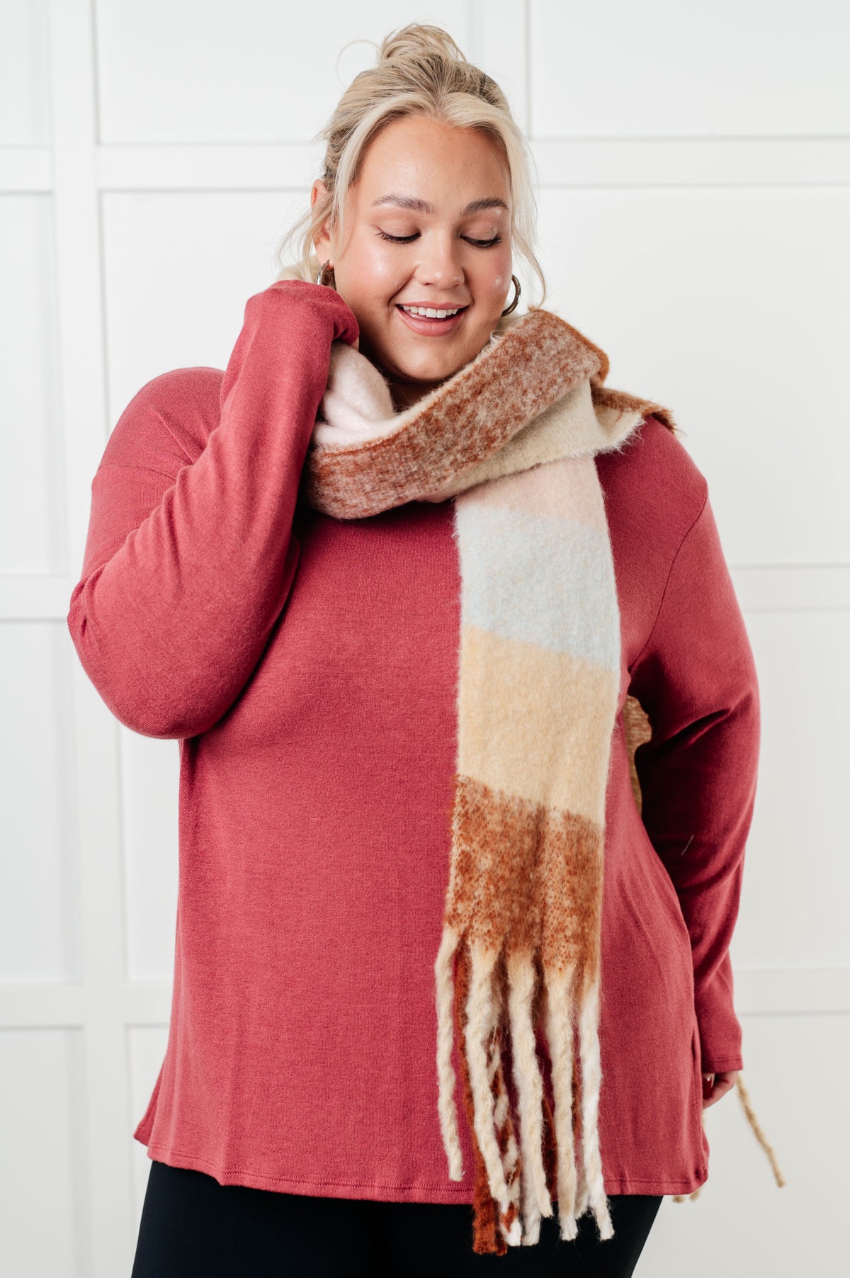 Wanderlust Wrap Oversized Plaid Fringe Scarf in Light Brown OS Accessories
