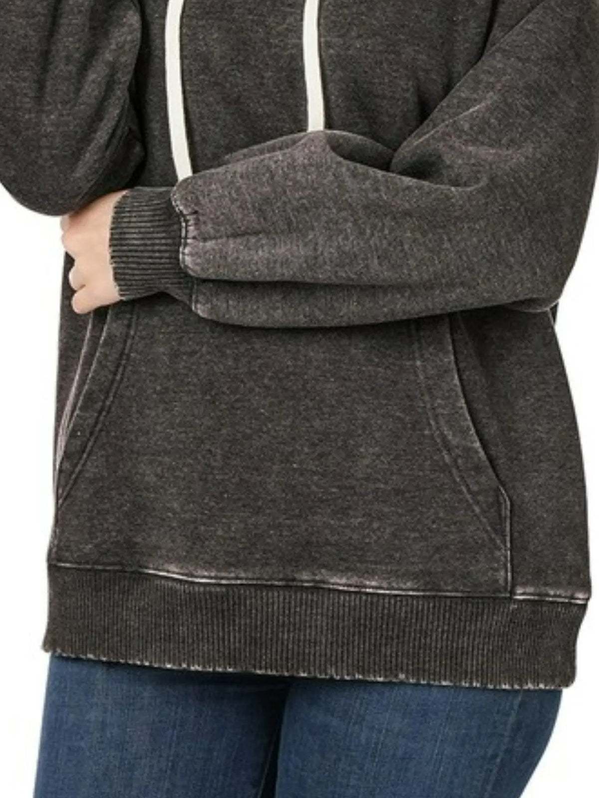 Zenana Ash Black Acid Wash Fleece Hoodie with Drawstring