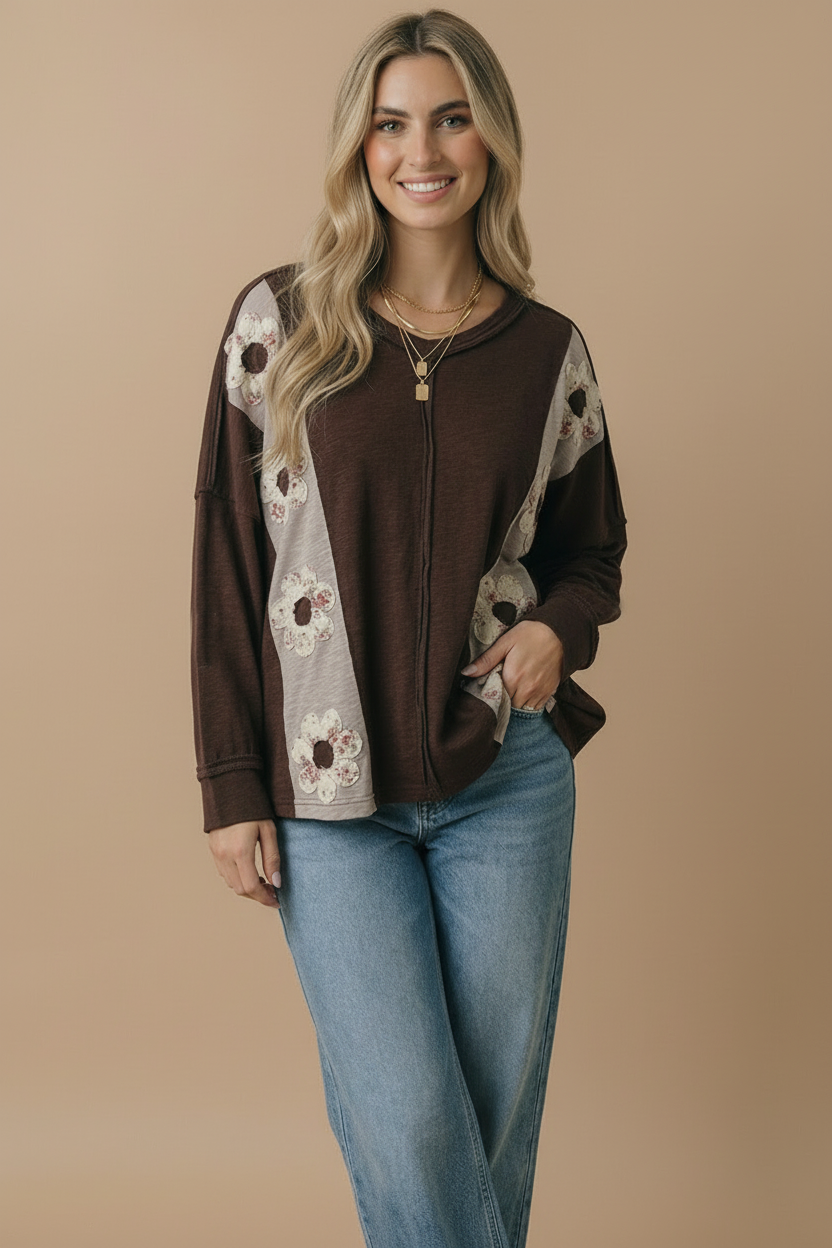 Haptics Darling Daisies Long Sleeve in Brown Tops