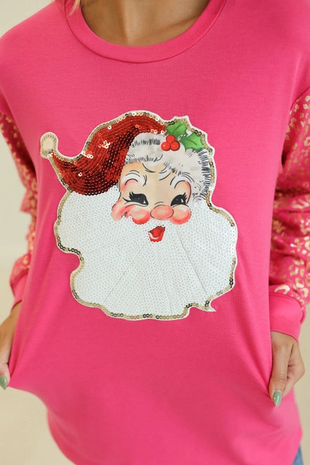 Southern Grace Pink Sequins Santa Sweatshirt With Gold Leopard Sleeves Shirts & Tops