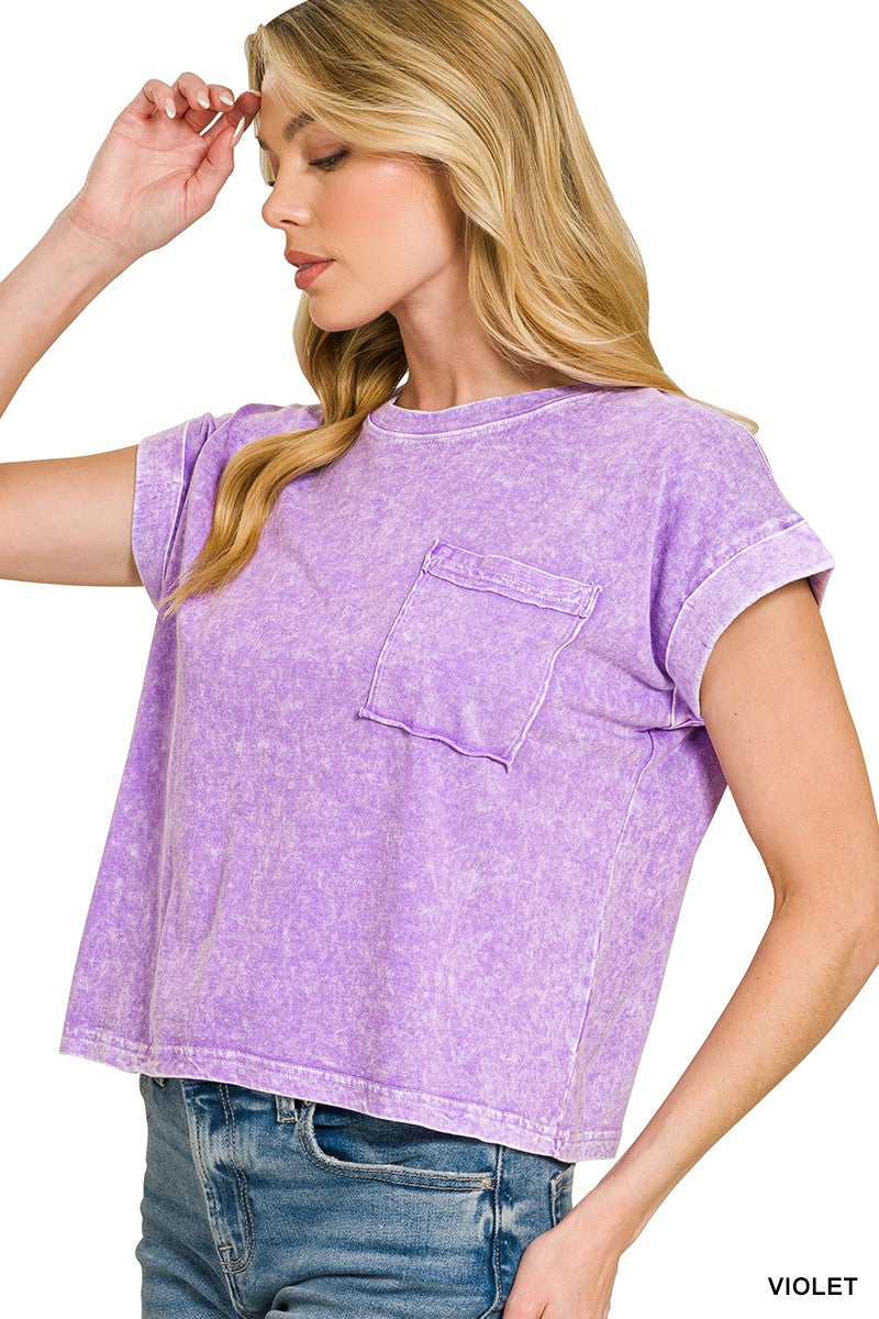 Zenana Violet Halo Snow Washed Cotton Cuffed Short Sleeve Top