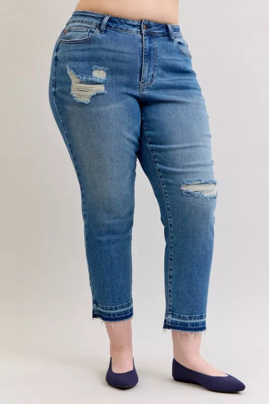 Judy Blue Mid Rise Boyfriend Patch & Repair Destroyed Release Hem Jeans
