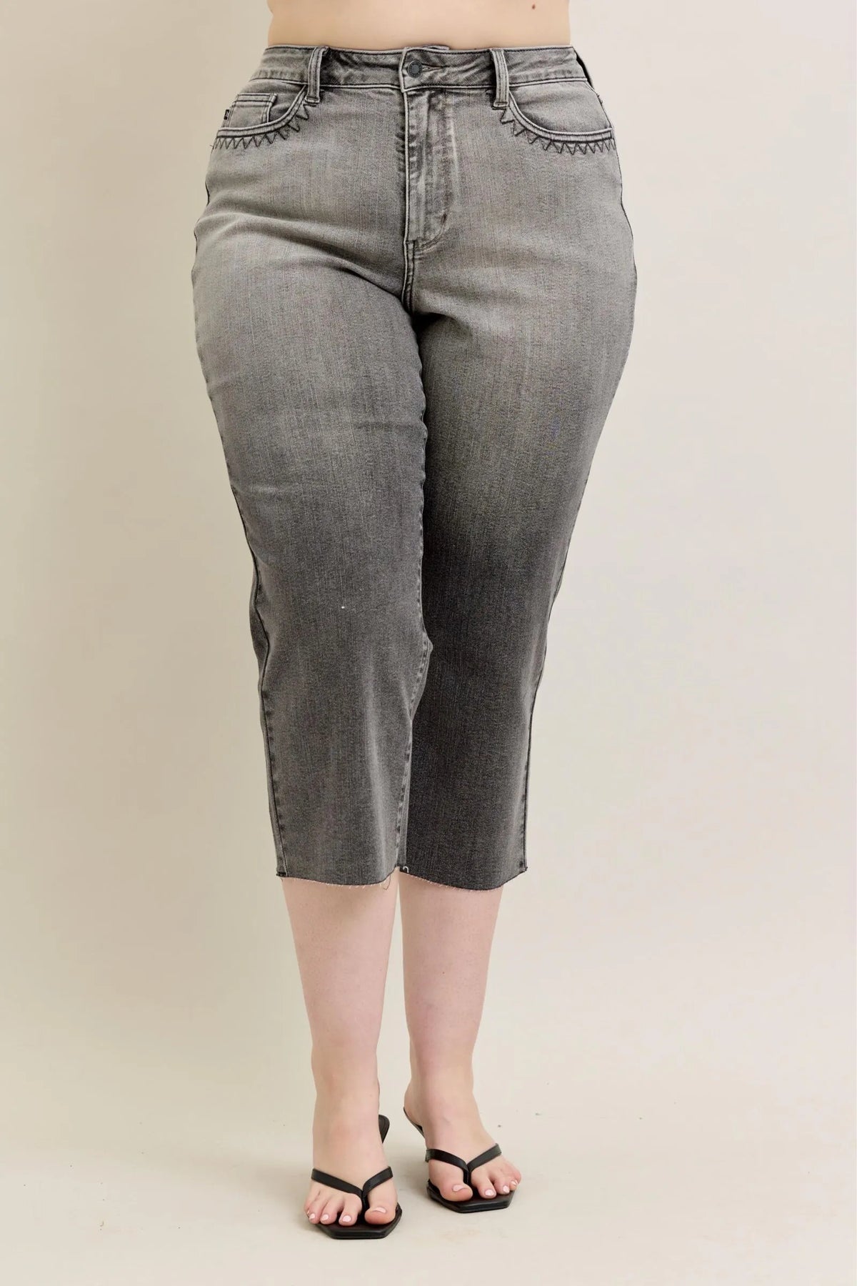 Judy Blue Grey Washed High Waist Front Pocket Embroidered Wide Cropped Leg Denim Jeans