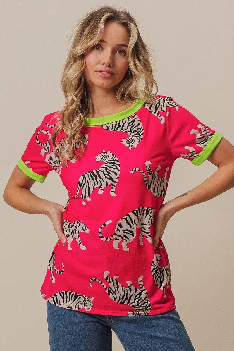 BiBi Fuchsia Big Tiger Print Jersey Contrast Ringer Top