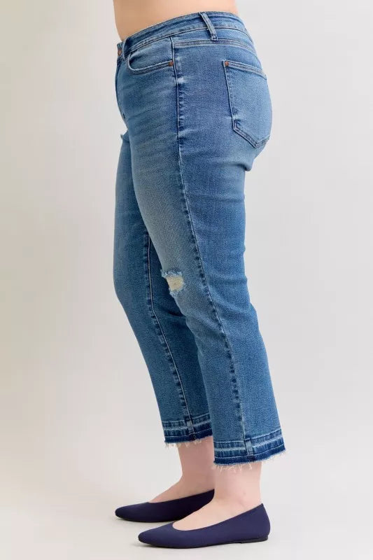 Judy Blue Mid Rise Boyfriend Patch & Repair Destroyed Release Hem Jeans