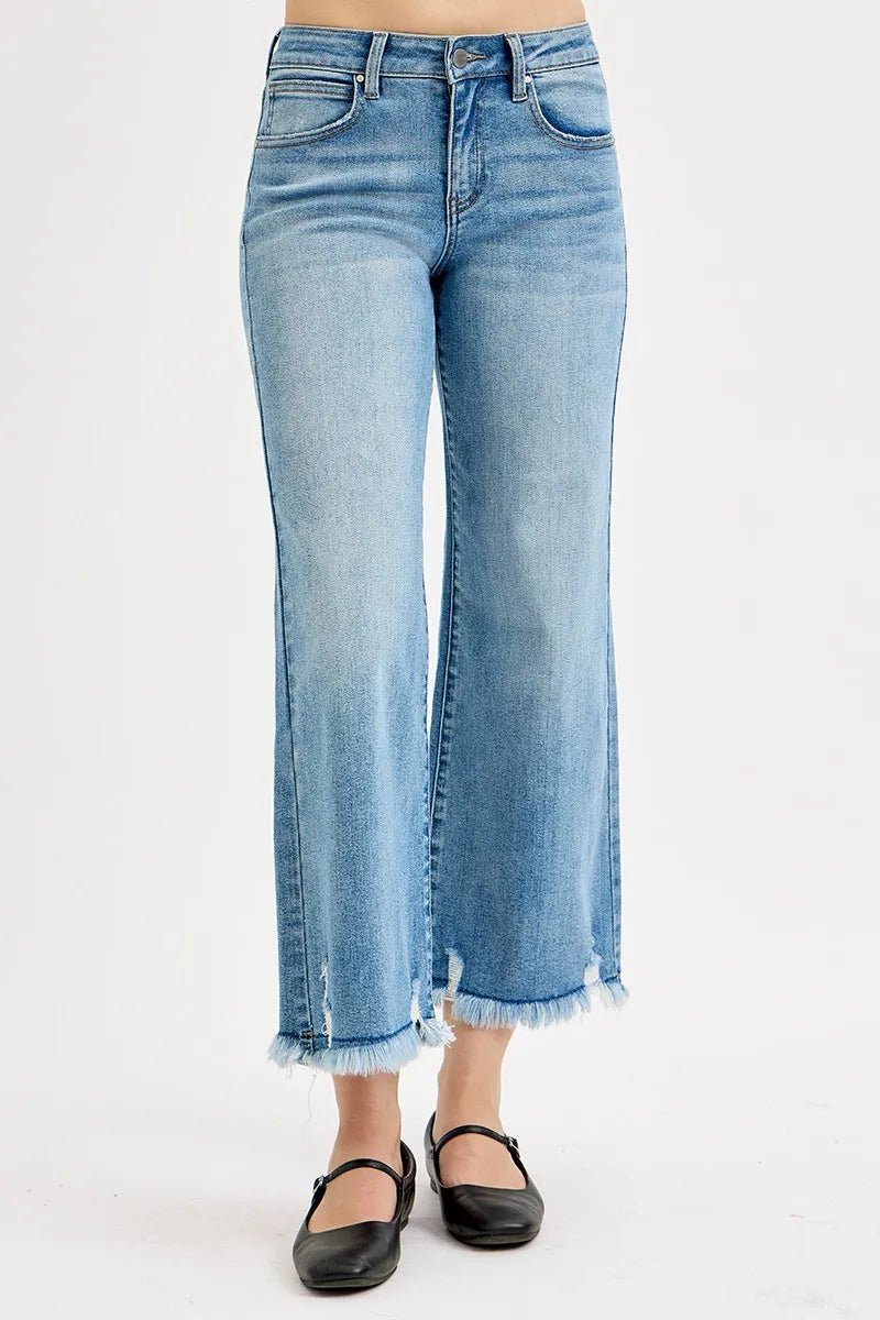 RISEN Light Washed Mid Rise Frayed Hem Crop Wide Leg Jeans