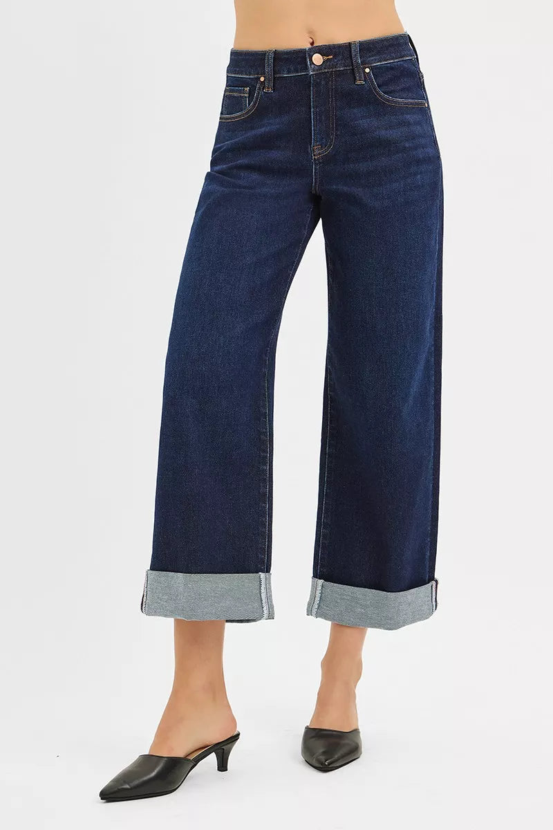 RISEN Mid Rise Fit Ankle Wide Roll Up Jeans DARK