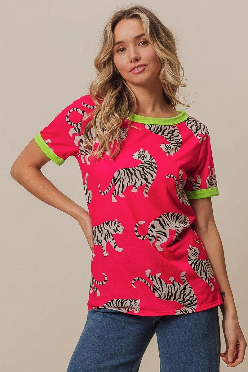 BiBi Fuchsia Big Tiger Print Jersey Contrast Ringer Top