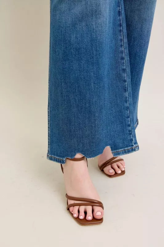 Judy Blue Medium Washed High Waist Tummy Control Chew Hem Destroyed Wide Jeans