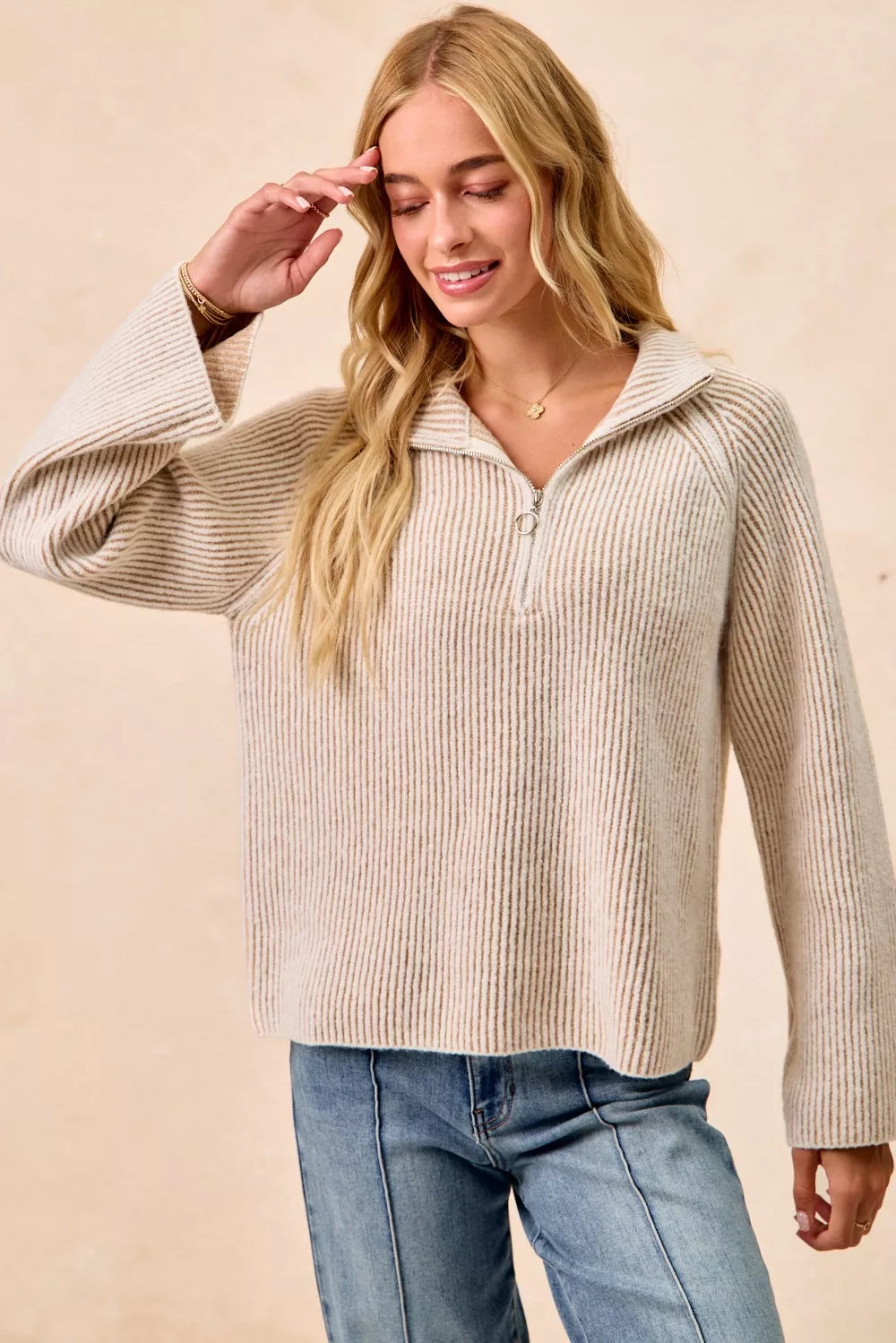 BiBi Taupe Two Tone Rib Texured Knit Collared Top with Zip Up