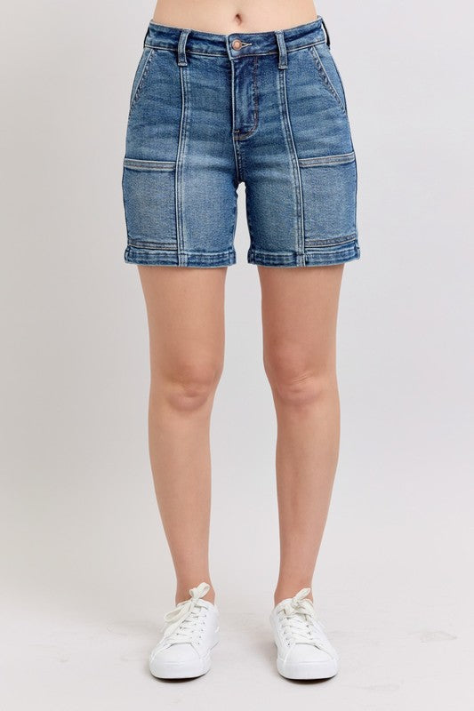 Judy Blue Medium Washed High Rise Utility Mid Length Denim Shorts Medium