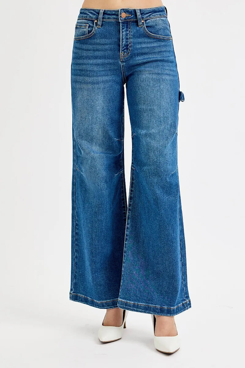 RISEN Dark Washed High Rise Wide Leg Patch Detailed Jeans