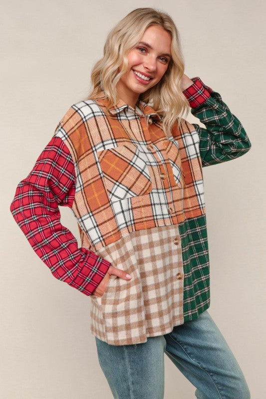 Haptics Loose Fit Multi Color Plaid Flannel Jacket with Pocket