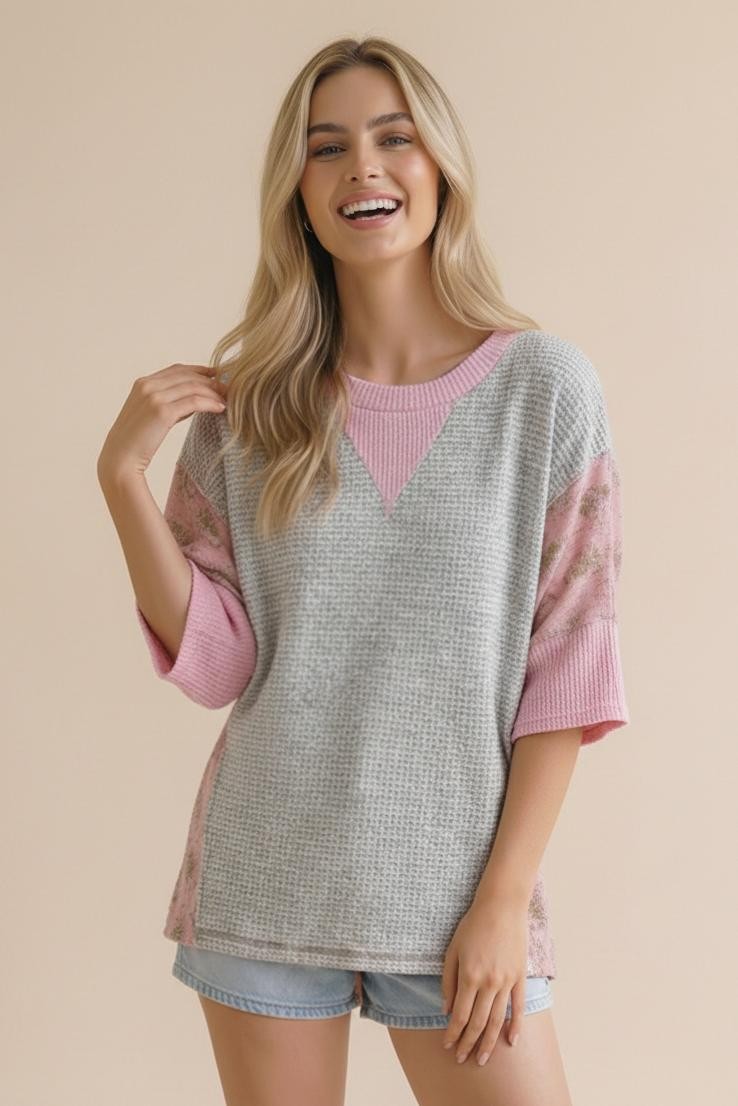Haptics Cozy Color Block Waffle Knit Top 3X