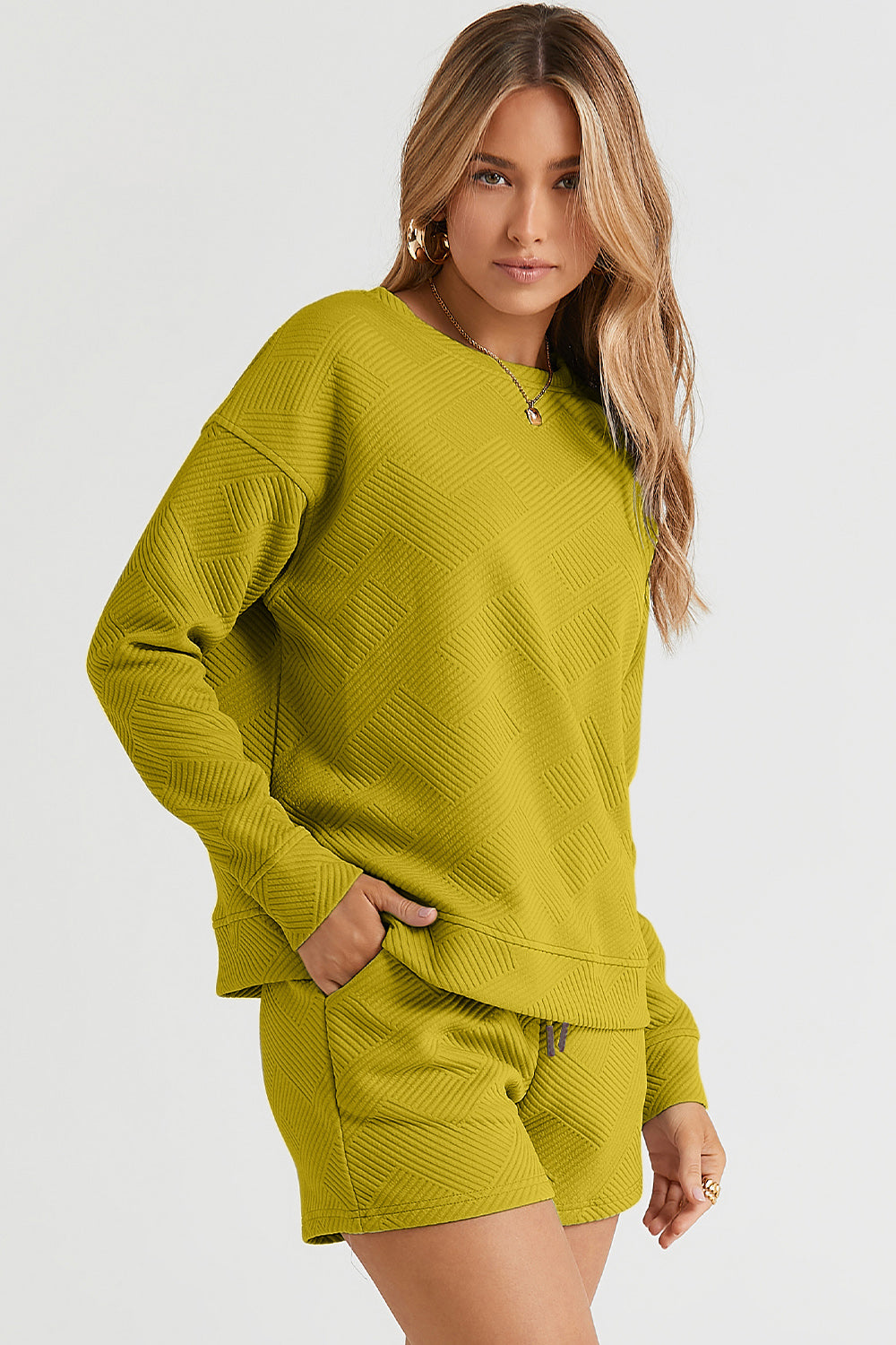 Double Take Quilted Textured Long Sleeve Top and Drawstring Shorts Set in Five Colors Sets