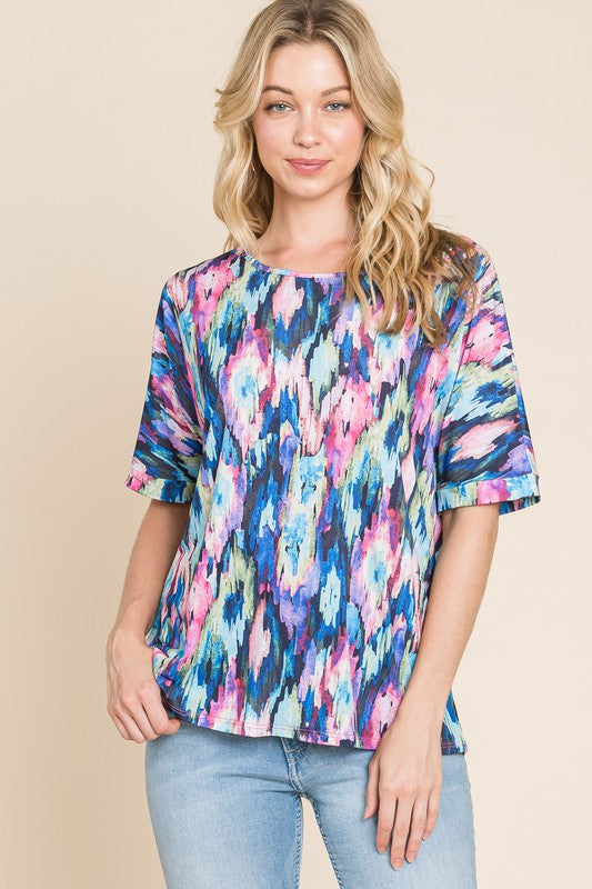 BOMBOM Royal Blue Lightweight Contrast Round Neck Short Sleeve Top