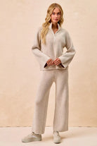 BiBi Taupe Two Tone Rib Texured Knit Collared Top with Zip Up