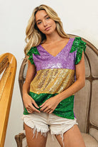 BiBi Mardi Gras Sequin Color Block Ruffled Top