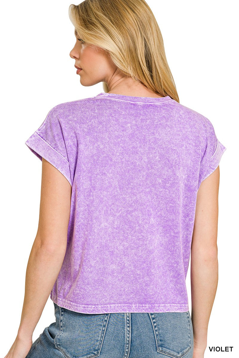 Zenana Violet Halo Snow Washed Cotton Cuffed Short Sleeve Top