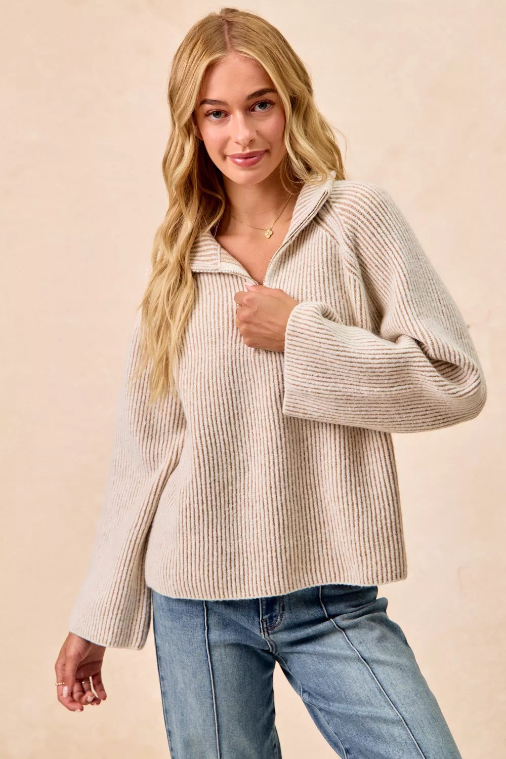 BiBi Taupe Two Tone Rib Texured Knit Collared Top with Zip Up