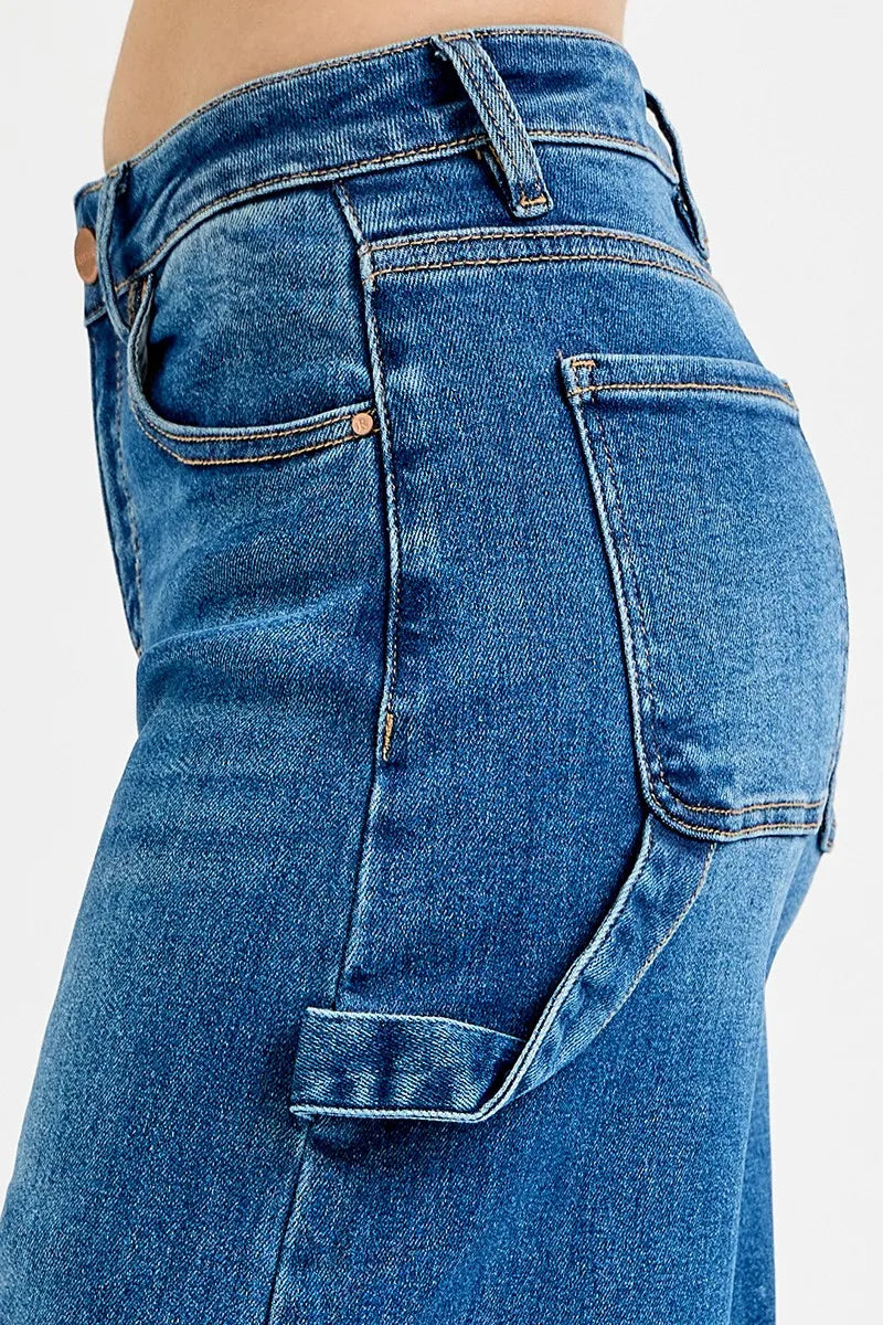 RISEN Dark Washed High Rise Wide Leg Patch Detailed Jeans