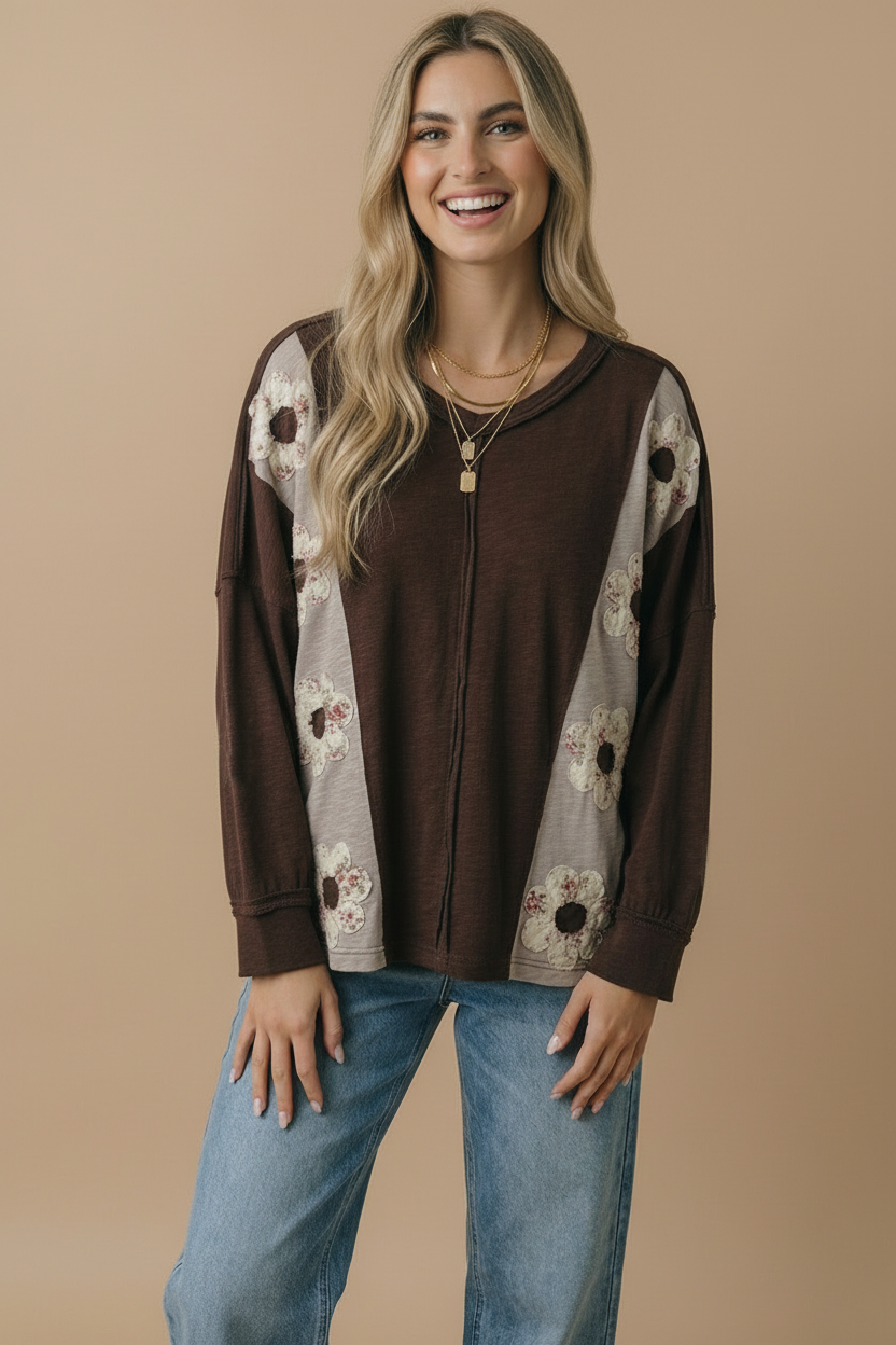 Haptics Darling Daisies Long Sleeve in Brown Tops
