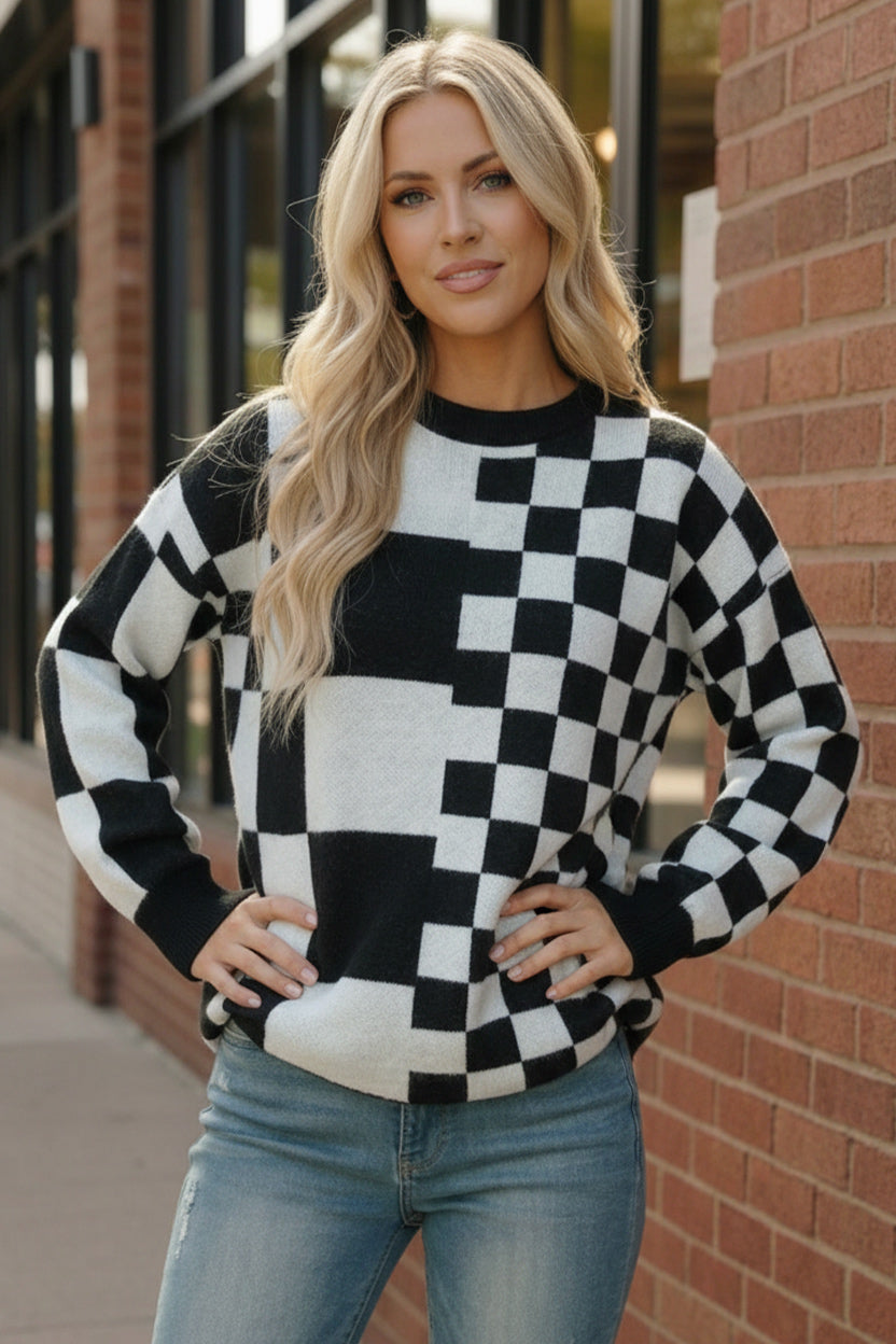 Haptics Black Oversized Checker Stripe Pullover Sweater