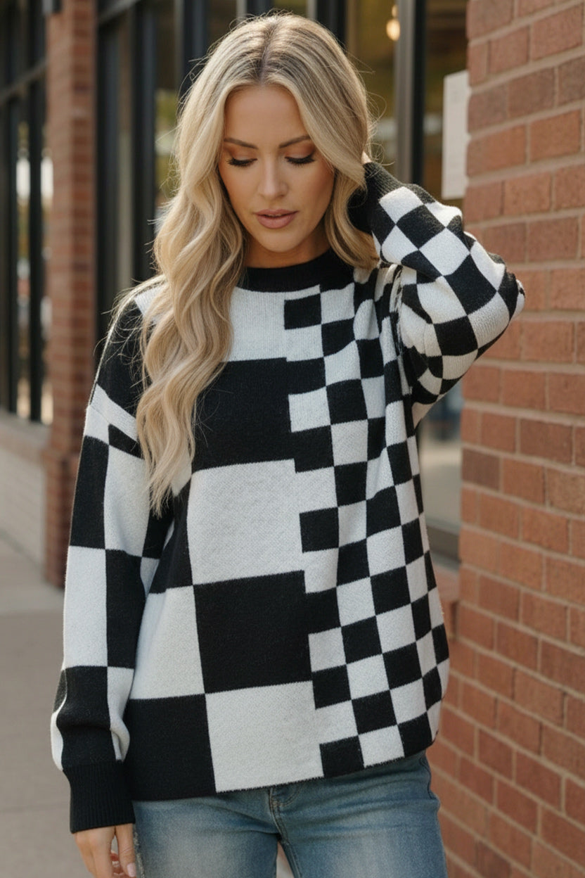 Haptics Black Oversized Checker Stripe Pullover Sweater