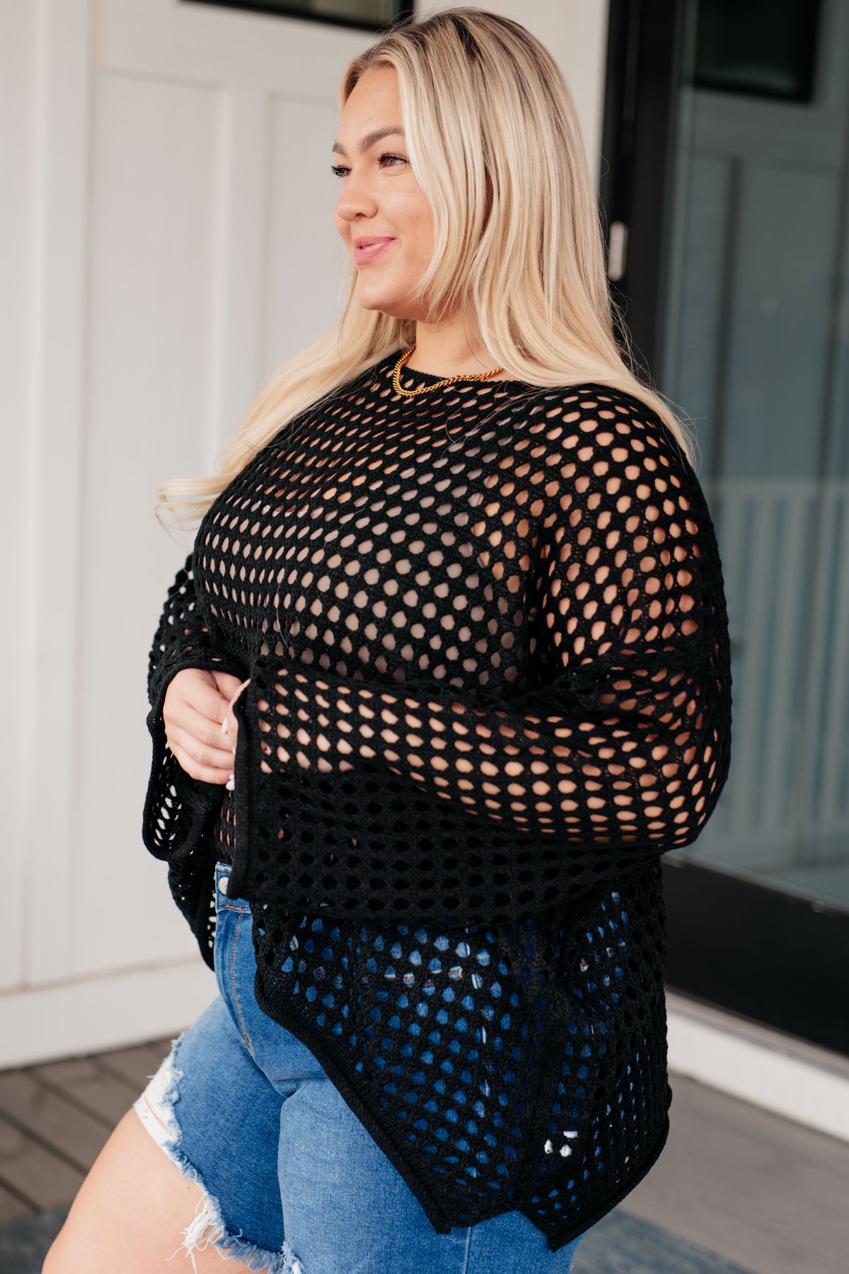 White Birch Ask Anyway Fishnet Sweater Shirts & Tops