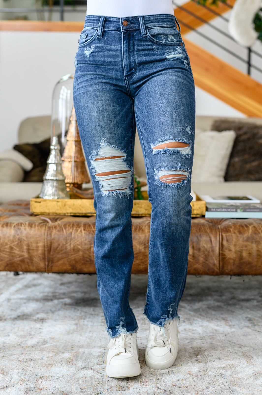Judy Blue Christine High Contrast Slim Bootcut Destroyed Jeans Womens