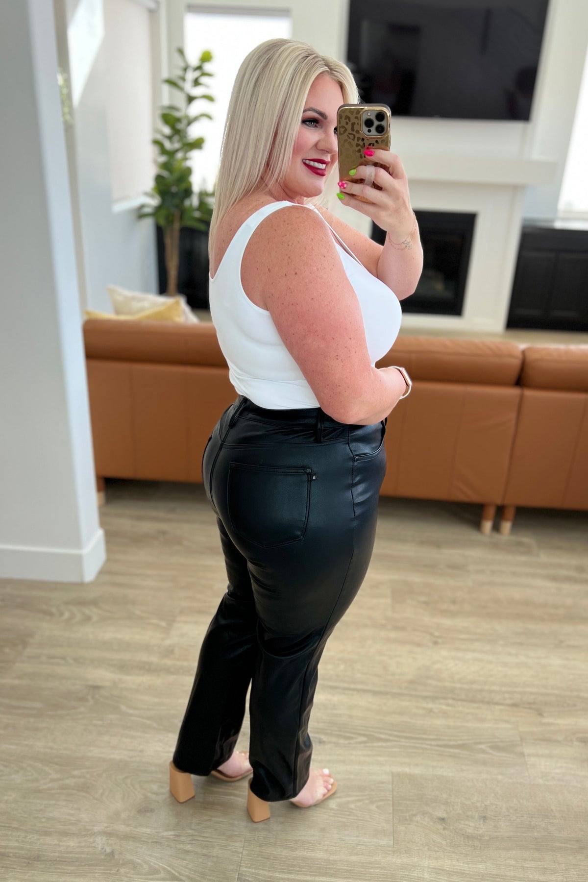 Judy Blue Tanya Control Top Faux Leather Pants in Black Womens
