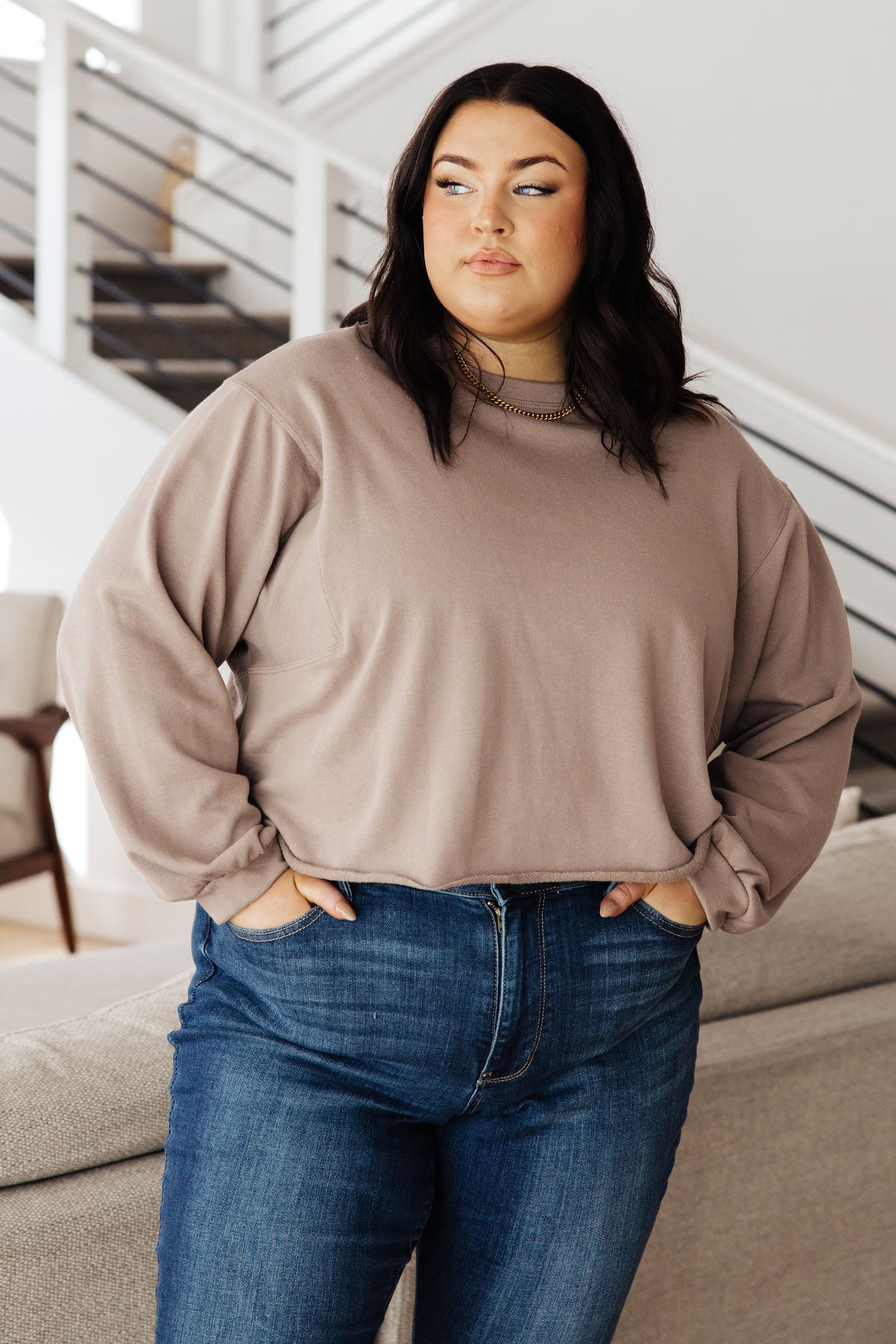 Wasabi + Mint Lounge A Lot Cut Off Sweatshirt in Mocha Shirts & Tops