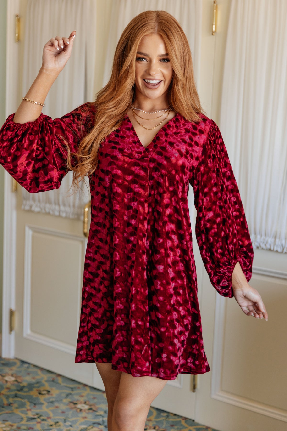 Jodifl Size S Regal Radiance V-Neck Red Velvet Textured Dress Dresses